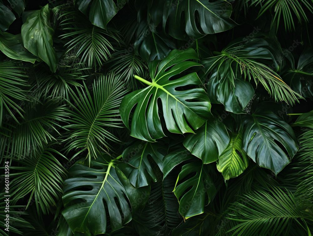 A beautiful cluster of dark green tropical leaves as a background, creating a lush and refreshing atmosphere.