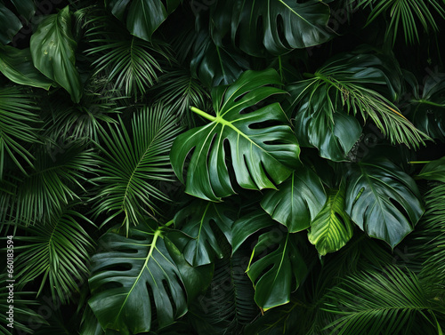 A beautiful cluster of dark green tropical leaves as a background  creating a lush and refreshing atmosphere.