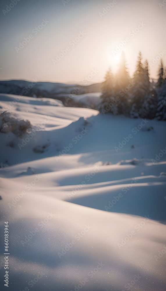 Beautiful winter landscape with snow covered trees in the mountains at sunset