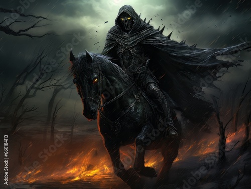 Black horseman of apocalypse riding black horse AI