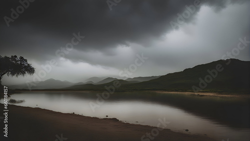 A landscape shot of a lake surrounded by mountains under a cloudy sky