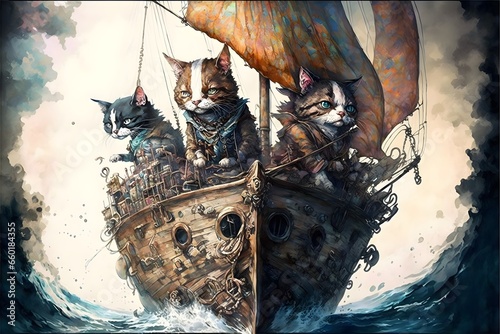 epic fantasy art wooden galleon of anthropomorphic pirate cats dramatic epic composition watercolor 