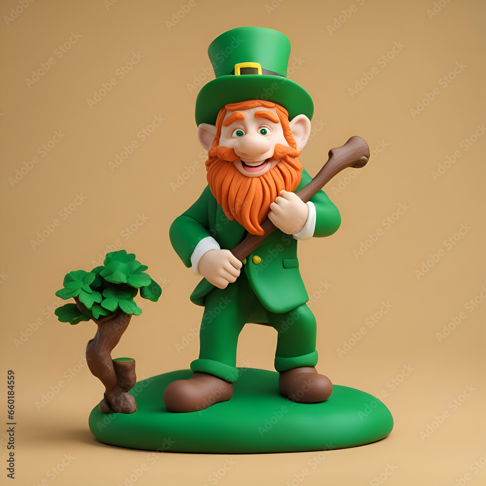 Obraz premium Leprechaun with a wooden axe in his hand. 3d illustration