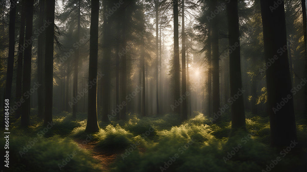Mysterious forest with fog and rays of light in the morning