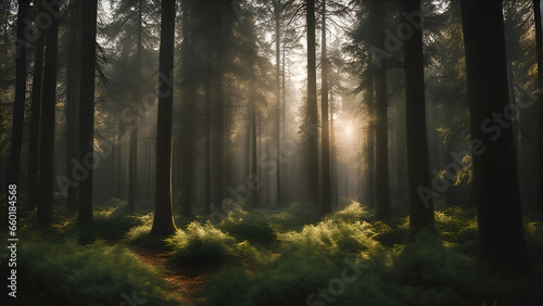 Mysterious forest with fog and rays of light in the morning