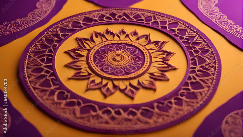 Close up of a mandala pattern on a purple background. Selective focus.