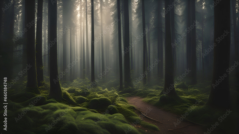 Mysterious dark forest with fog. 3D Rendering.