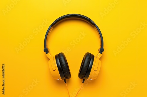 Headphone on yellow background, music and leisure concept. Generative AI