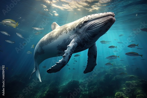 Landscape with humpback whale at the bottom of the sea, giant mammal, marine life. Generative AI © Deivison