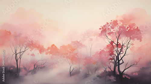 Painting of autumn trees in a forest obscured by morning haze