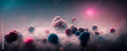 abstract image hyperdetailed particles dark atmosphere tiny foggy blue and pink clouds with low saturation depth of field fine grain volumetric light octane render 8k 