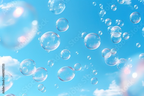 Digital illustration of soap bubbles on blue background. Generative AI