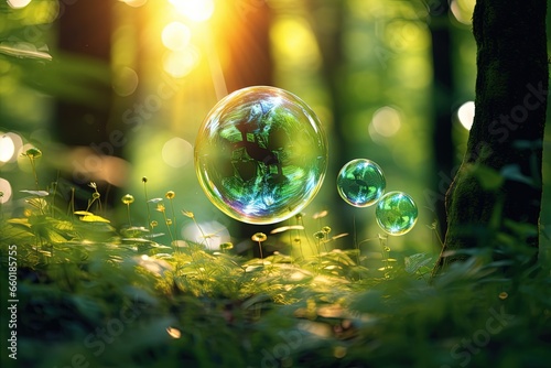 Landscape with soap bubbles in the forest, bokeh background. Generative AI
