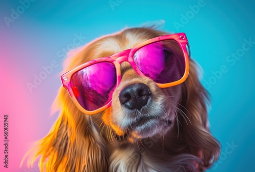 Landscape with cute dog with sunglasses on the beach. Generative AI © Deivison