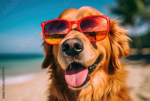 Landscape with cute dog with sunglasses on the beach. Generative AI