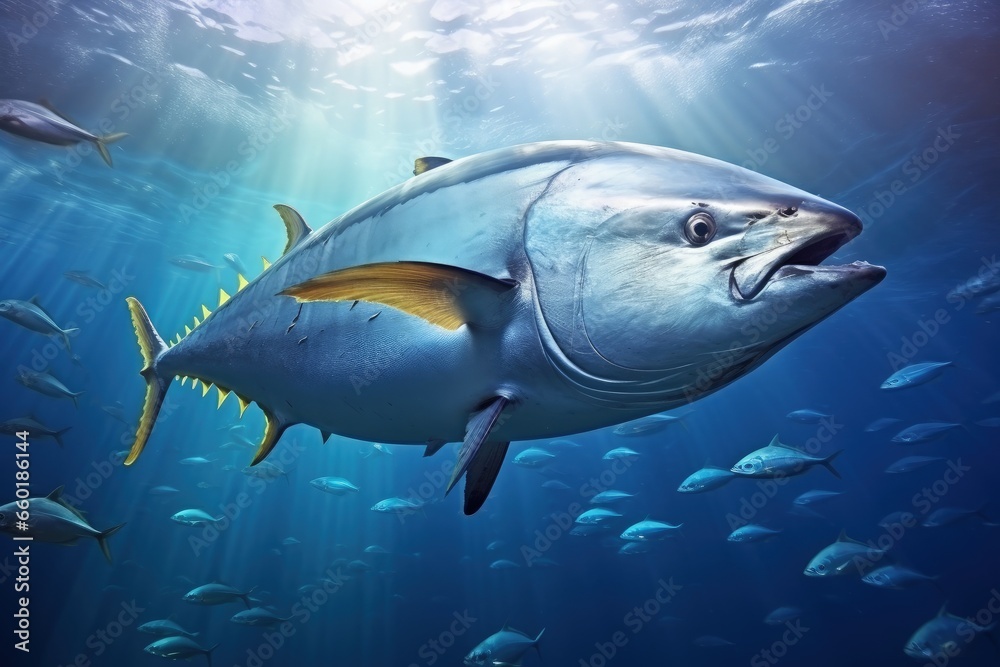Fototapeta premium Illustration of giant tuna under the sea. Generative AI