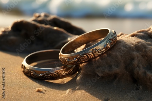 Pair of wedding rings on the beach sand, bokeh background. Generative AI
