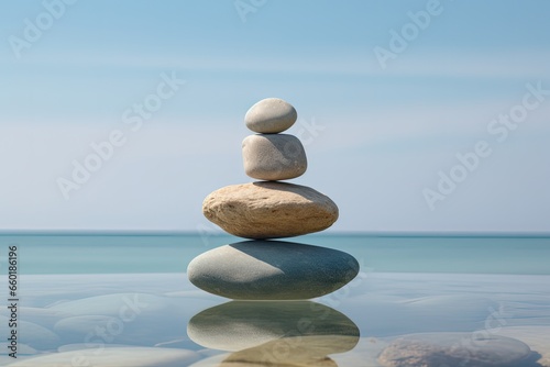 Beautiful landscape with rocks stacked in sea water. Generative AI