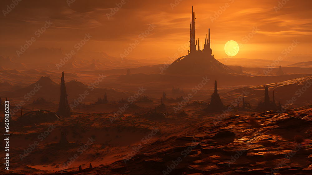 Obraz premium View of an arid desert with a giant towering pillar structure in the distance obscured by the dusty atmosphere