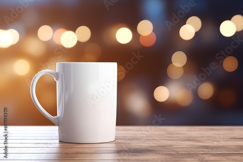 White mug of coffee on wooden table  bokeh background. Generative AI