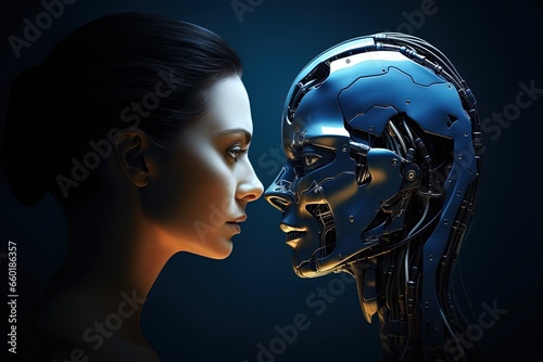 Half human half robotic head, concept of artificial intelligence and futurism. Generative AI photo