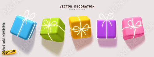 Set of creative holiday gifts box with effect drawn into wall, colorful colors. Gifts for Christmas and New Year, birthday. Festive elements surprise gifts with neon ribbon bow. Vector illustration