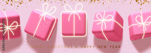 Set of creative holiday gifts box with effect drawn into wall, pink colors. Gifts for Christmas and New Year, birthday. Festive elements square surprise gifts with neon ribbon bow. Vector illustration