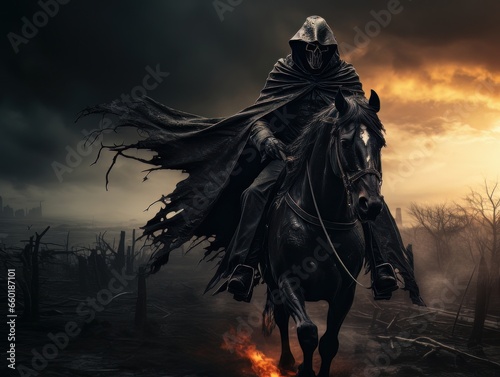 Black horseman of apocalypse riding black horse AI