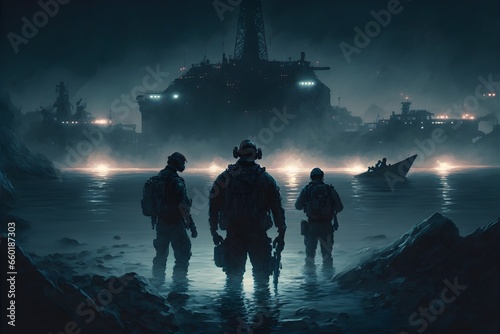 Navy seals emerging from the water at night standing infront of a huge high tech base  photo