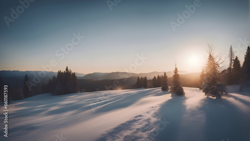 Majestic sunset in the winter mountains landscape. Dramatic wintry scene. Carpathian. Ukraine. Europe. Beauty world.