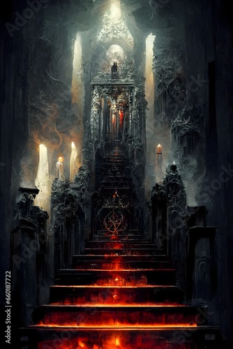 grand satanic altar small staircase leading up dungeon atmosphere horror fantasy art symmetrical occul symbolisim tall pillars aflame rule of thirds symmetrical 