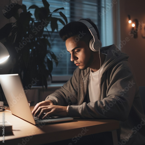 Young male adult with headphones on working on computer at home in the evening, studious