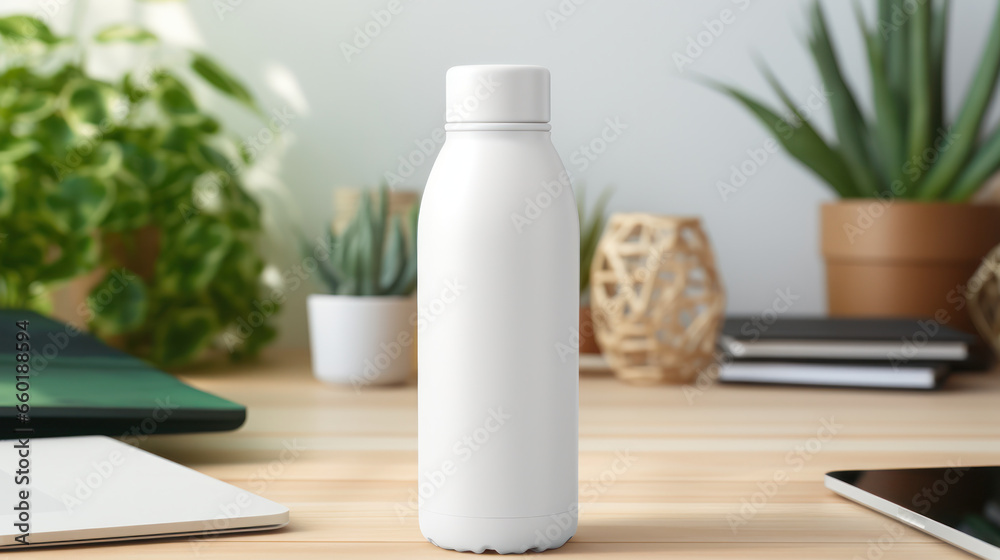 Mockup of a blank white water bottle with nature background, Empty reusable bottle template, Package display. Generative AI Mockup of a blank white water bottle with nature background, Empty reusable bottle template, Package display. Generative AI