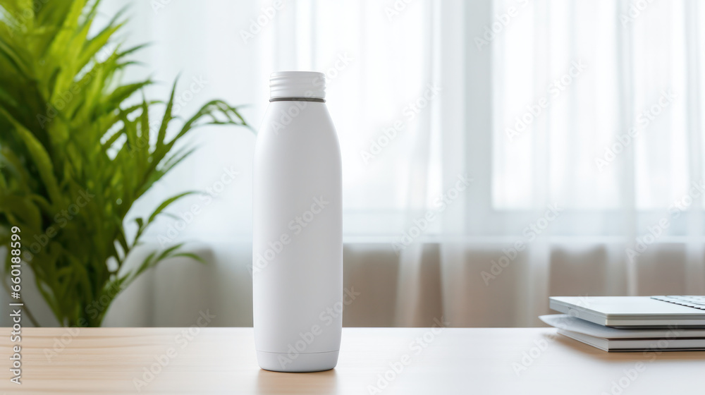 Mockup of a blank white water bottle with nature background, Empty reusable bottle template, Package display. Generative AI Mockup of a blank white water bottle with nature background, Empty reusable bottle template, Package display. Generative AI