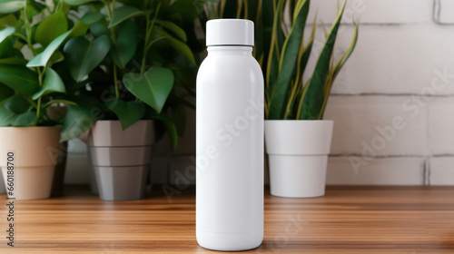 Mockup of a blank white water bottle with nature background, Empty reusable bottle template, Package display. Generative AI