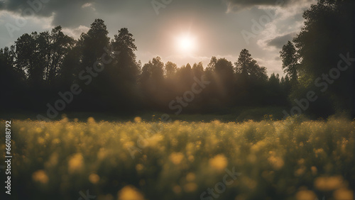 Sunset over a field of yellow flowers with forest in the background