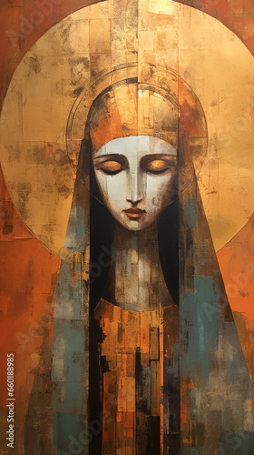 Nossa senhora aparecida abstrato Tons terrosos, cobre e dourado, simbolo religioso de fé cristã católica 