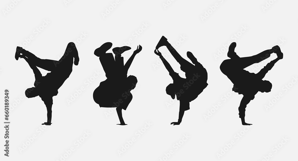 set bundle of breakdancer silhouettes. vector illustration. - obrazy, fototapety, plakaty 