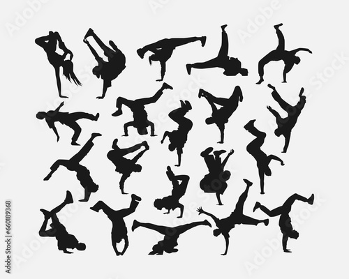 set collection of silhouettes of twenty people, men and women street dancers, breakdance. vector illustration.