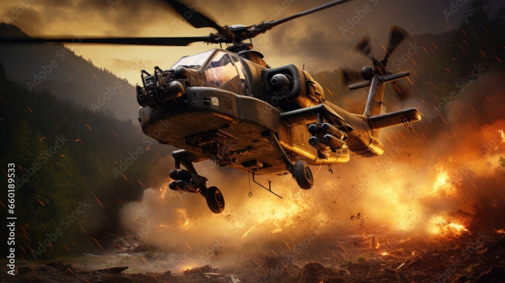 Military helicopters, forces and tanks in plane in war at sunset over destroyed city. 