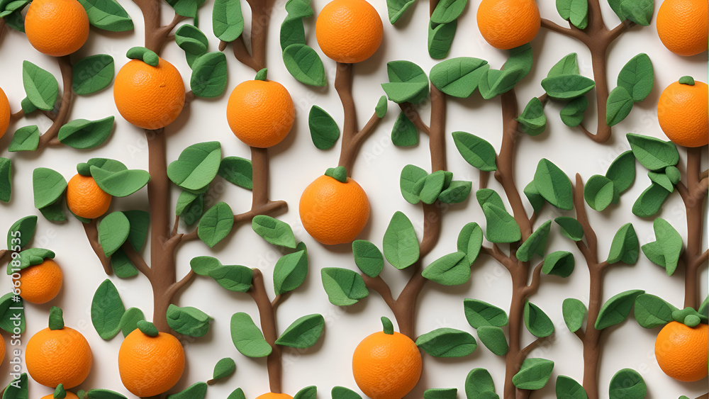 Creative pattern made of tangerines and leaves on white background