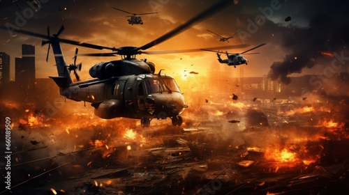 Military helicopters, forces and tanks in plane in war at sunset over destroyed city.  photo