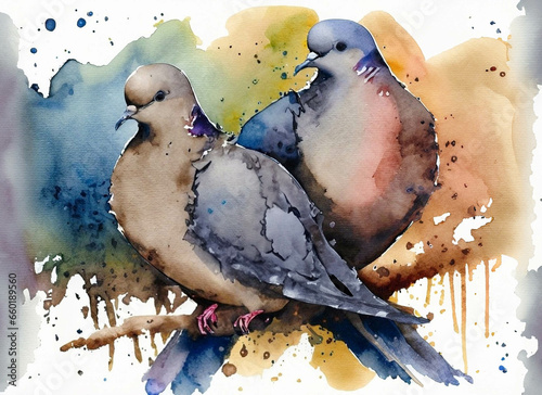 A pair of mourning doves, in a colorful watercolor style. Generative AI
