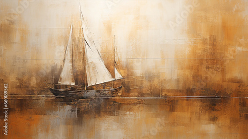 barco a vela Abstrato Tons terrosos, cobre e dourado, arte de luxo