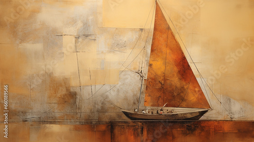 barco a vela Abstrato Tons terrosos, cobre e dourado, arte de luxo