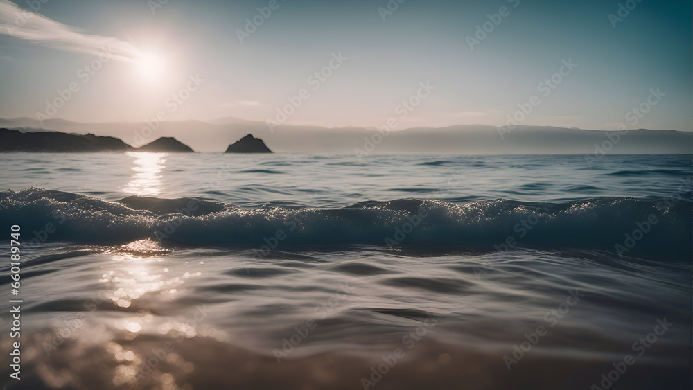 Beautiful seascape with ocean waves at sunset. Soft focus