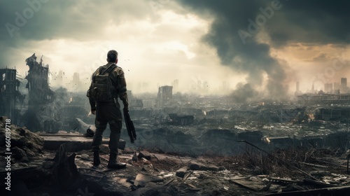 Alone soldier walking in destroyed city