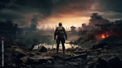 Alone soldier walking in destroyed city photo