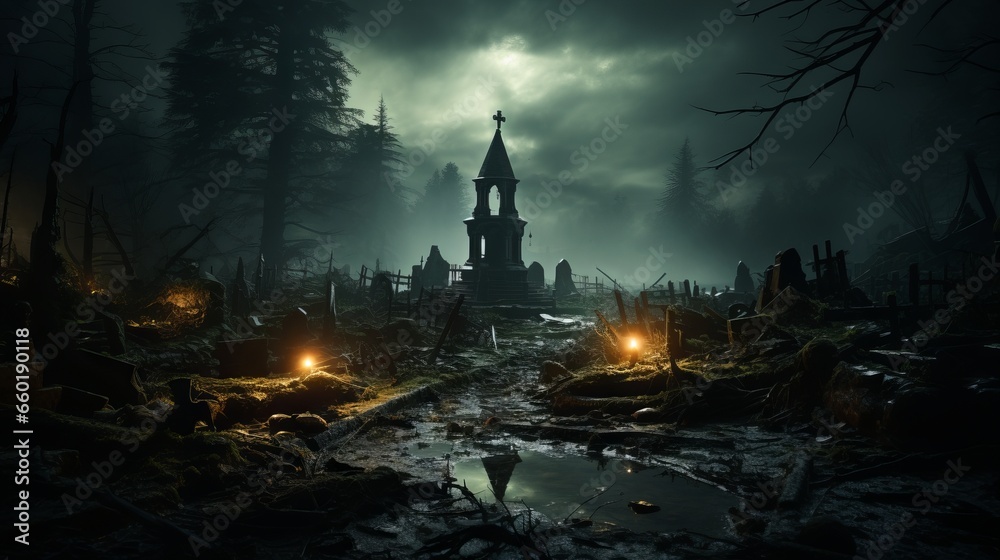 A cemetery in the dusk. Generative AI. A cemetery in the dusk. Generative AI.