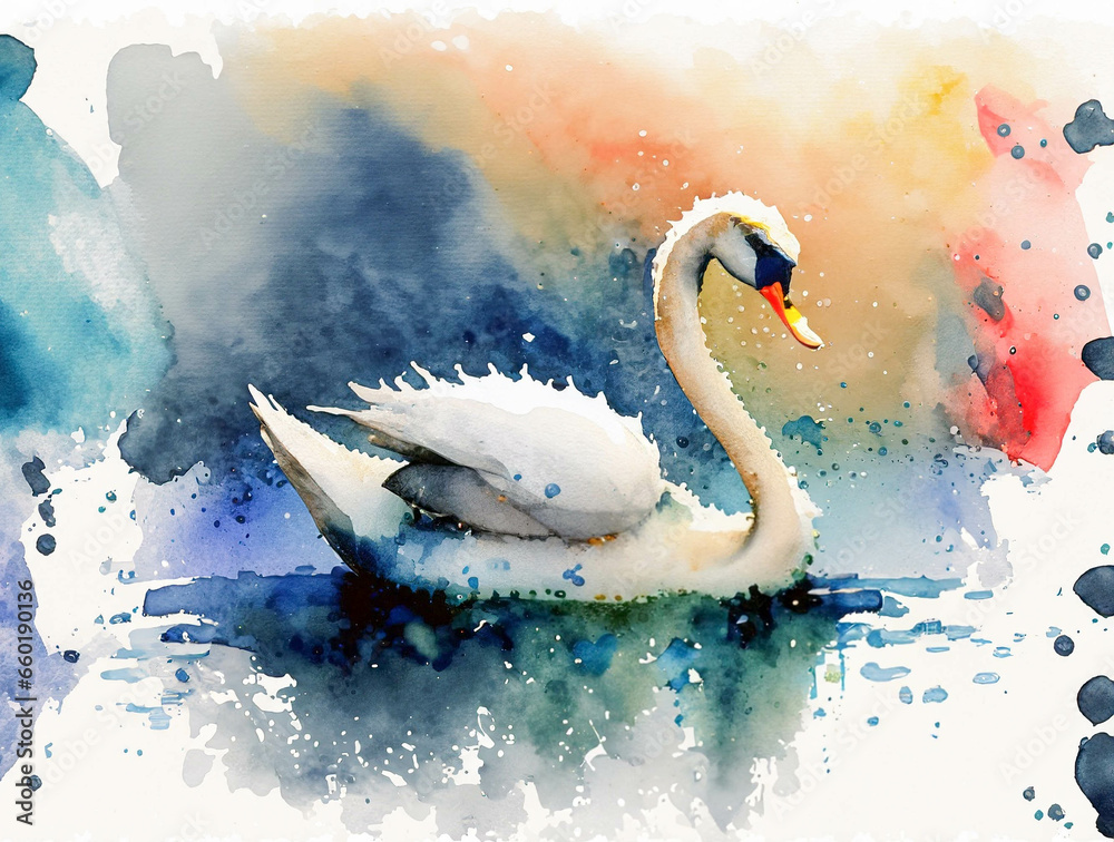 A swan on the water, in a colorful watercolor style. Generative AI

